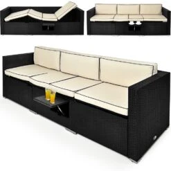 Polyrattan-Bank Schwarz/Creme 230x70x70cm Verstellbar