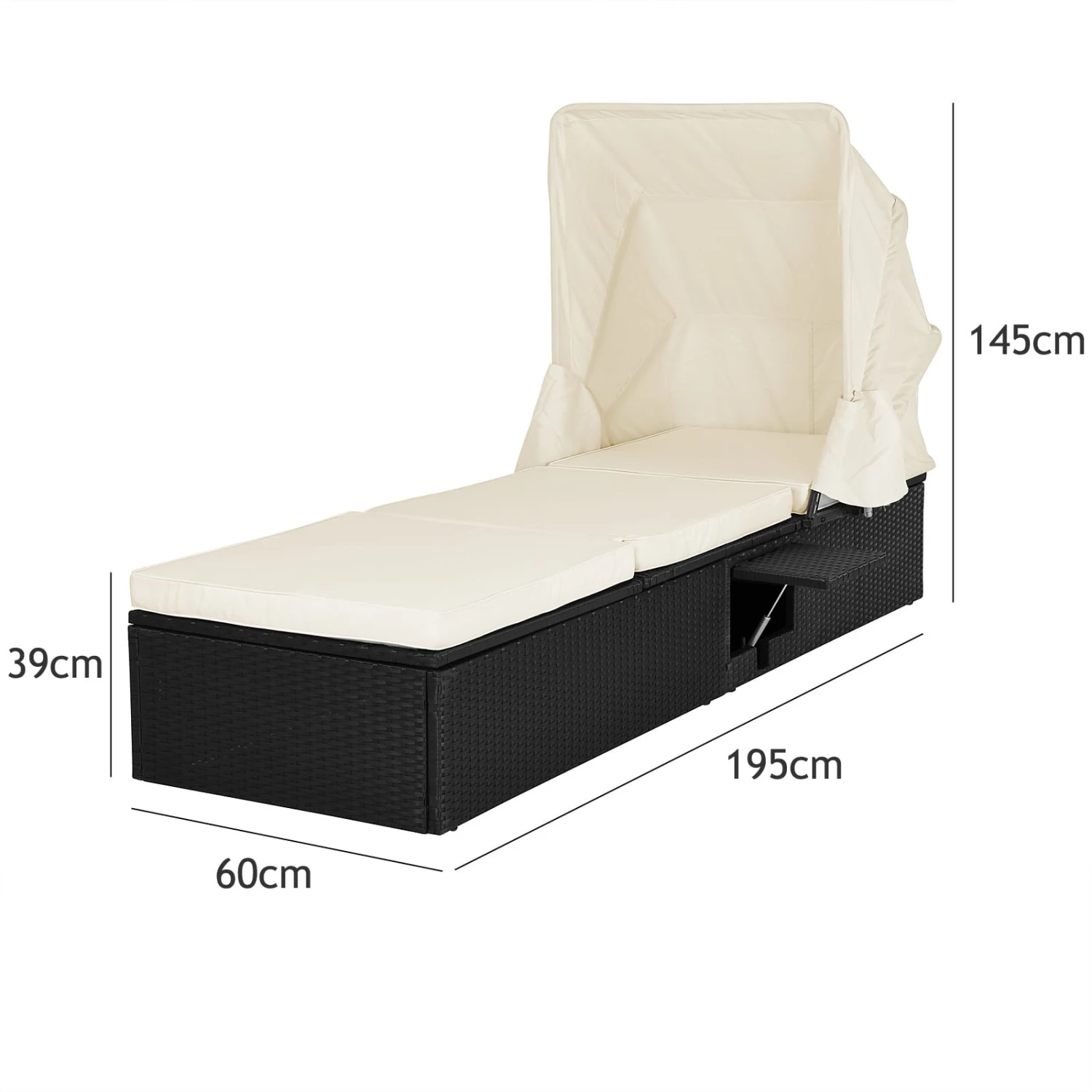 Polyrattan Sonnenliege Schwarz/Creme 195x60x39/145cm 4 Polyrattan Sonnenliege Schwarz/Creme 195x60x39/145cm – Bild 4