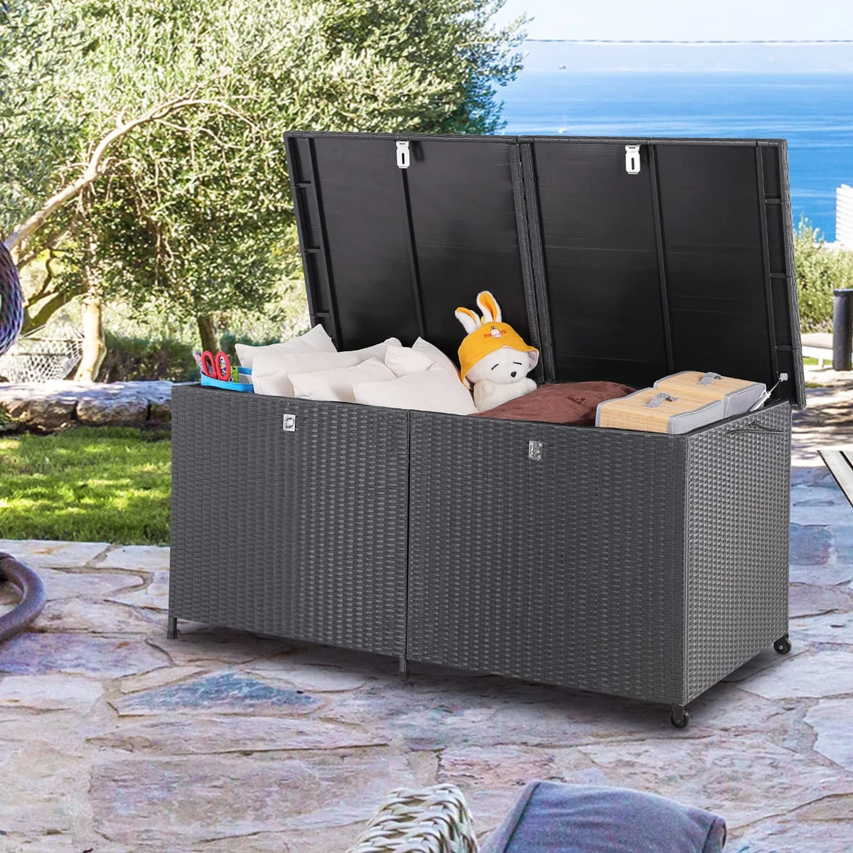 Polyrattan-Auflagenbox Schwarz 150x77x73cm Mit Rollen 14 Polyrattan-Auflagenbox Schwarz 150x77x73cm Mit Rollen – Bild 14