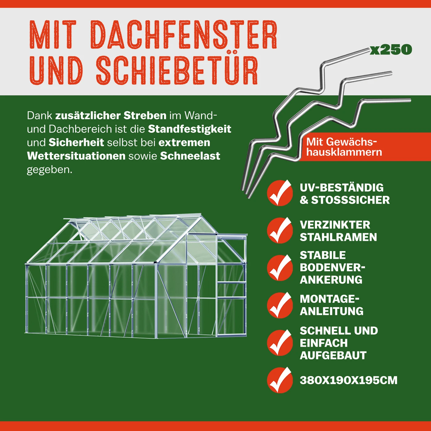 Alu Gewächshaus 380x190x195cm 4 Dachfenster 4 Alu Gewächshaus 380x190x195cm 4 Dachfenster – Bild 4