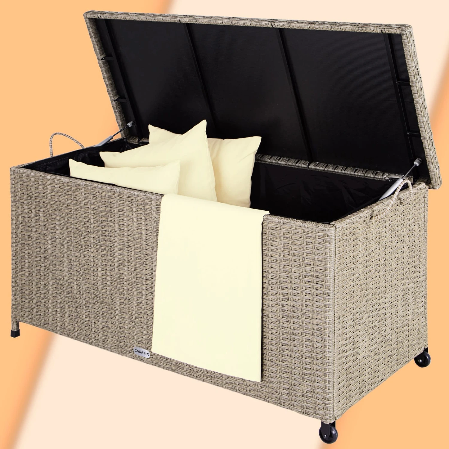 Polyrattan Auflagenbox Creme 122x56x61cm Rollen 12 Polyrattan Auflagenbox Creme 122x56x61cm Rollen – Bild 12