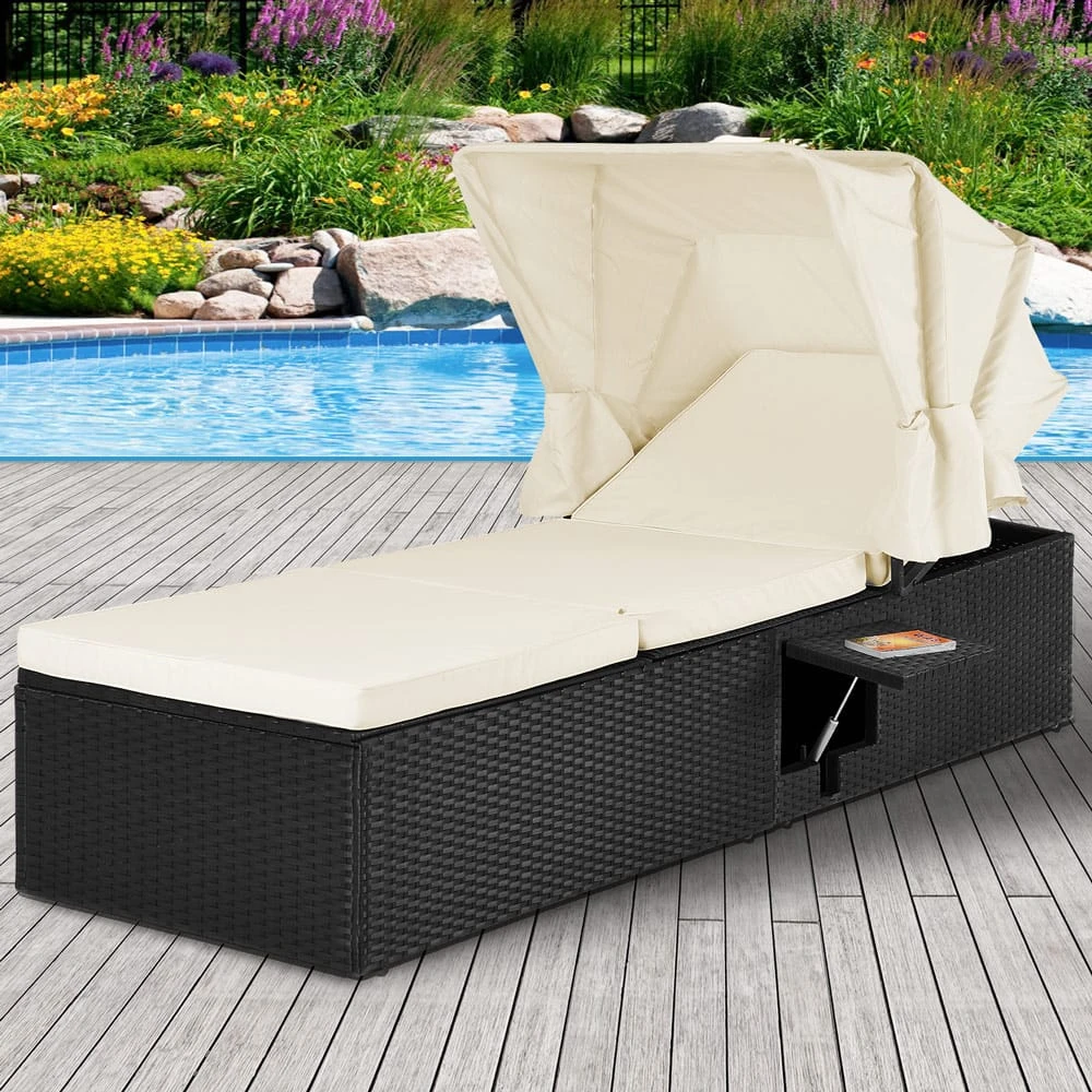Polyrattan Sonnenliege Schwarz/Creme 195x60x39/145cm 2 Polyrattan Sonnenliege Schwarz/Creme 195x60x39/145cm – Bild 2