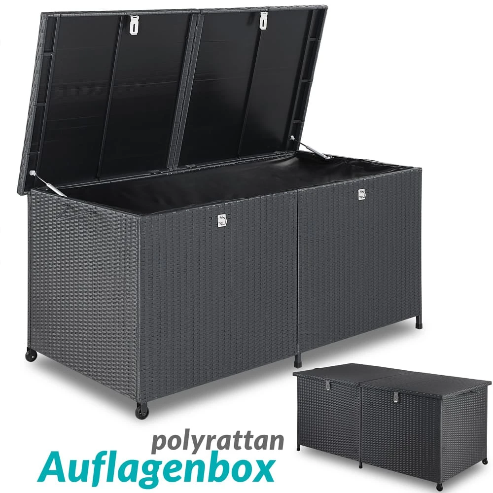 Polyrattan-Auflagenbox Schwarz 150x77x73cm Mit Rollen 2 Polyrattan-Auflagenbox Schwarz 150x77x73cm Mit Rollen – Bild 2
