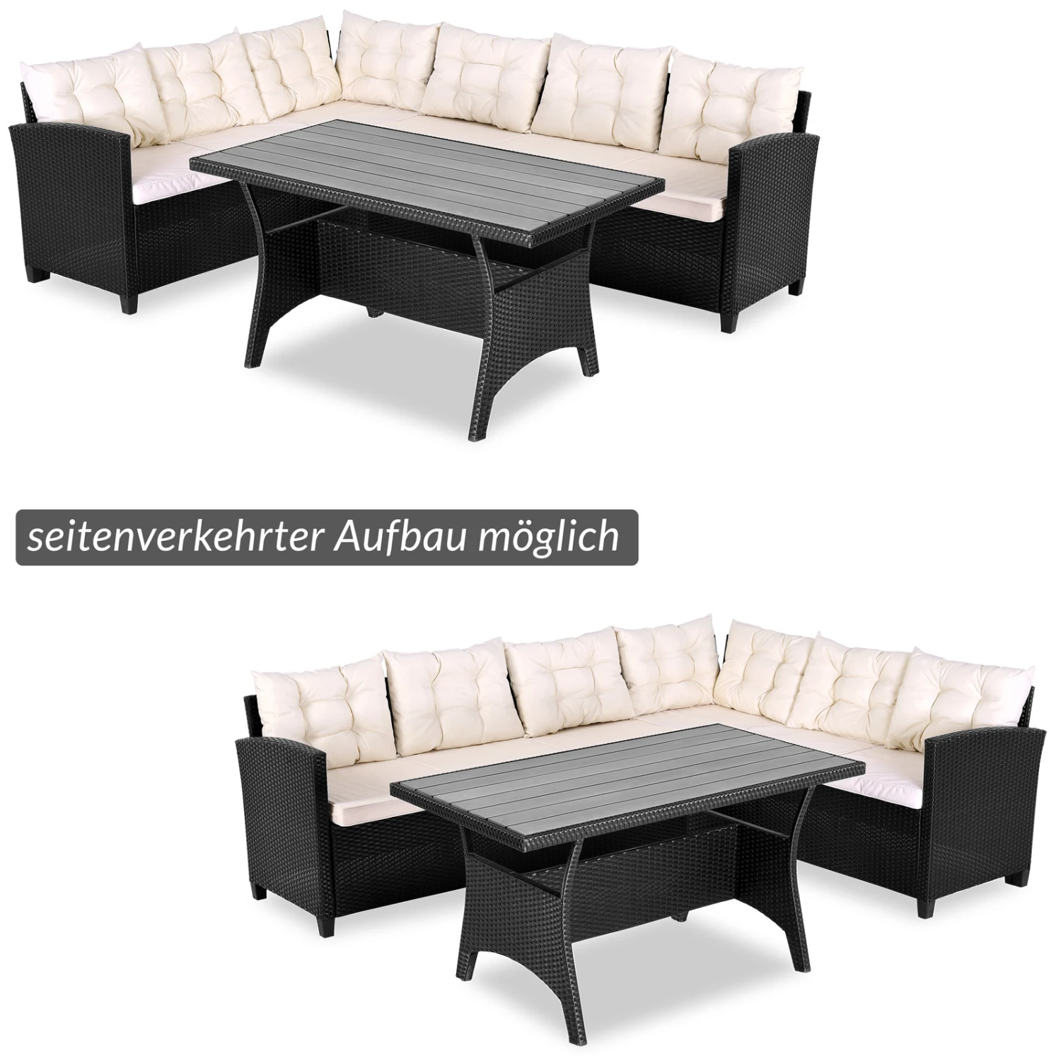 Polyrattan Lounge-Set Schwarz/Creme WPC Tischplatte 6 Polyrattan Lounge-Set Schwarz/Creme WPC Tischplatte – Bild 6