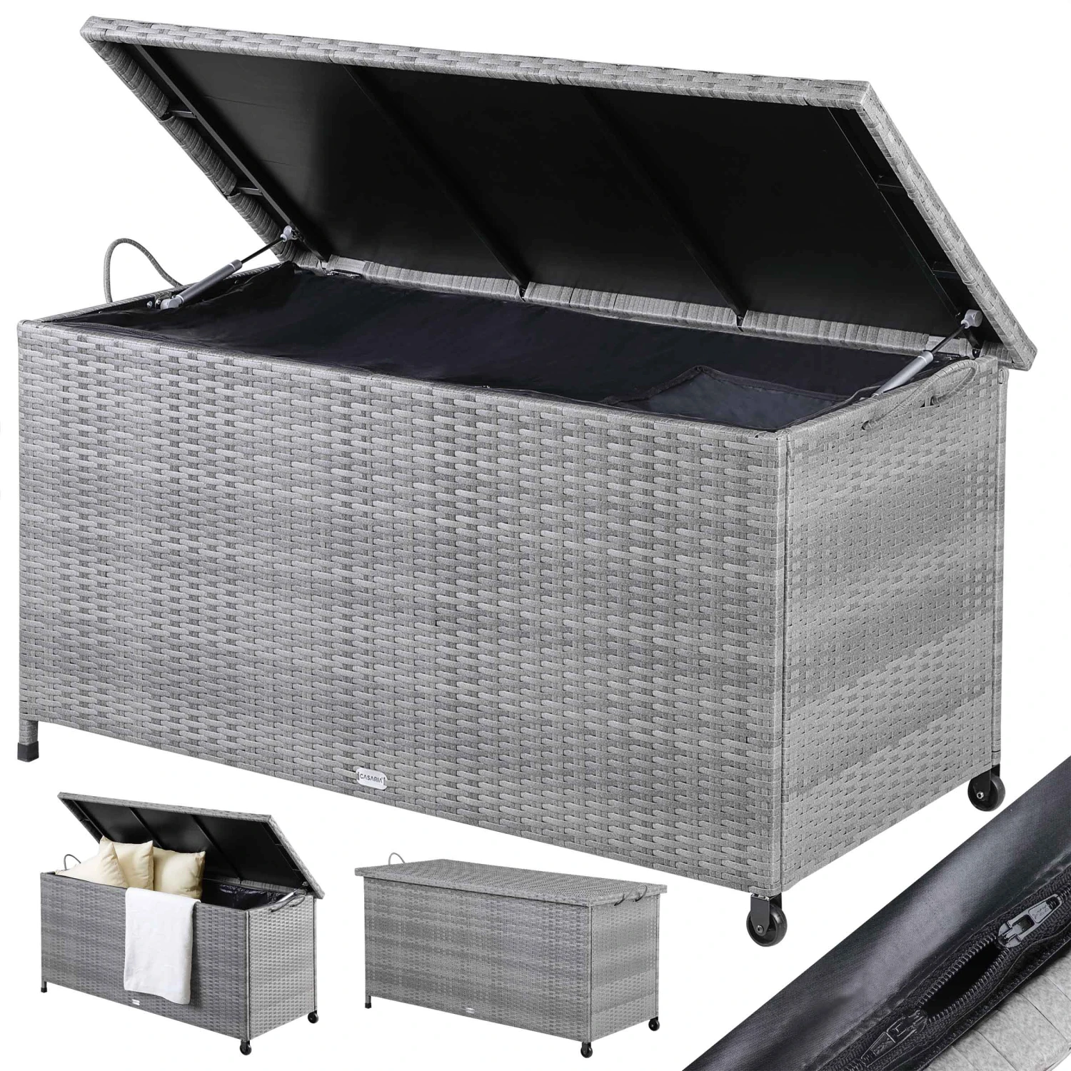 Polyrattan Auflagenbox Grau 122x56x61cm Mit Rollen 2 Polyrattan Auflagenbox Grau 122x56x61cm Mit Rollen – Bild 2