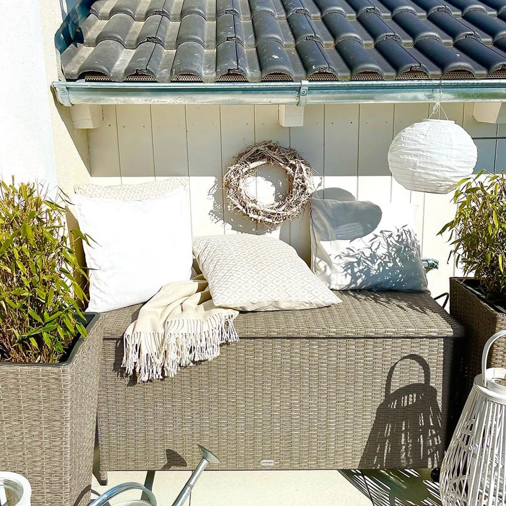 Polyrattan Auflagenbox Creme 122x56x61cm Rollen 4 Polyrattan Auflagenbox Creme 122x56x61cm Rollen – Bild 4