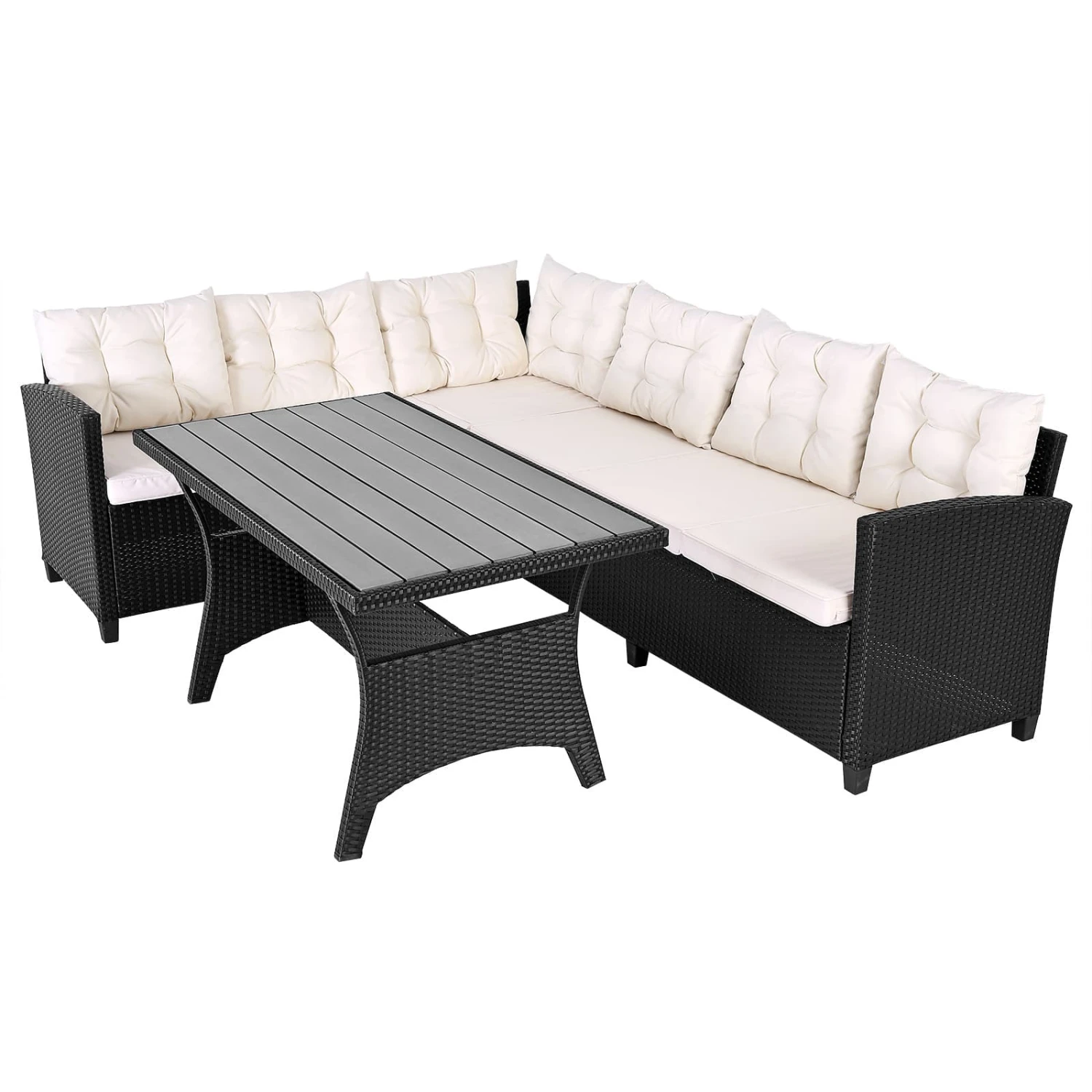 Polyrattan Lounge-Set Schwarz/Creme WPC Tischplatte 2 Polyrattan Lounge-Set Schwarz/Creme WPC Tischplatte – Bild 2
