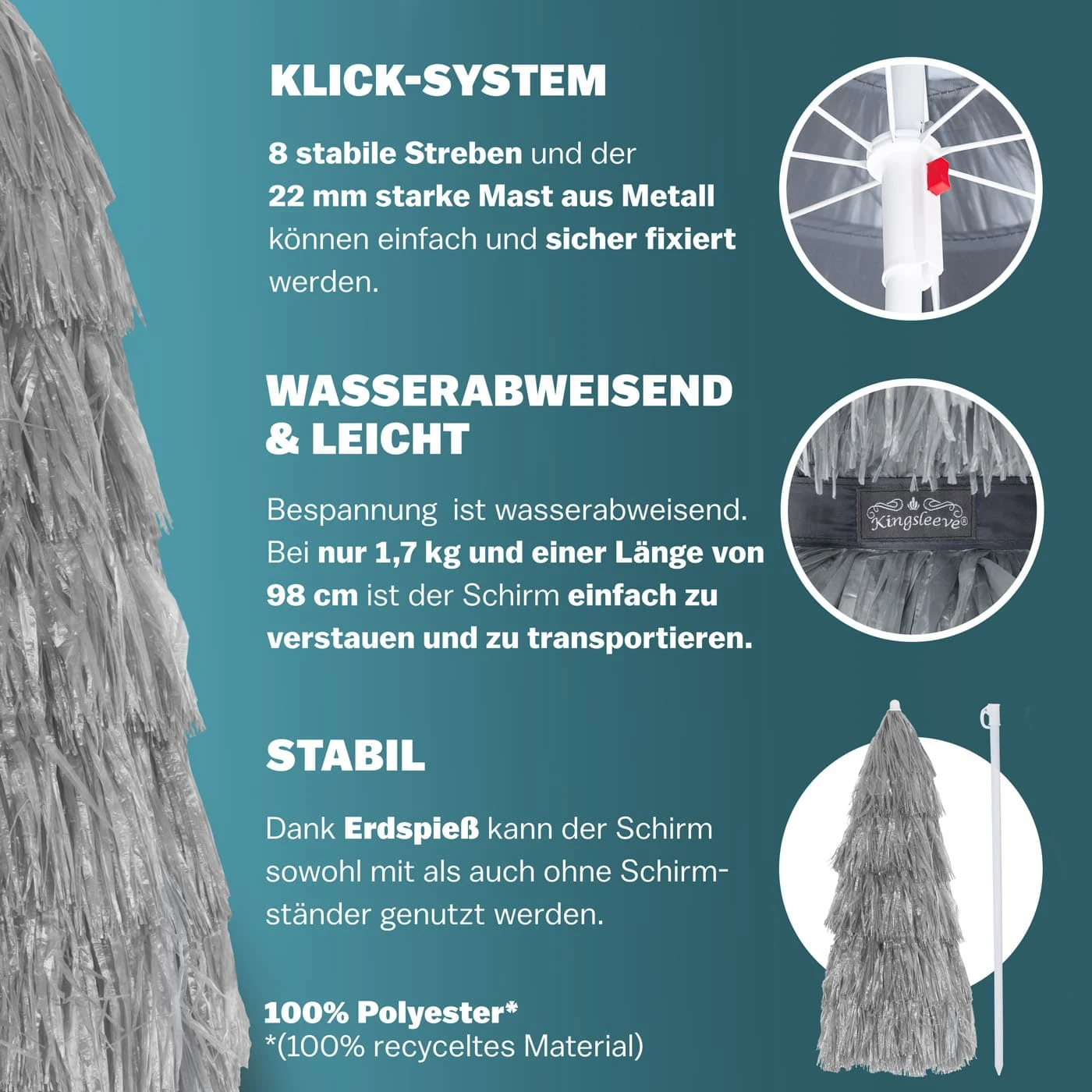 Sonnenschirm Hawaii Hellgrau Ø160cm UV-Schutz 30+ 4 Sonnenschirm Hawaii Hellgrau Ø160cm UV-Schutz 30+ – Bild 4