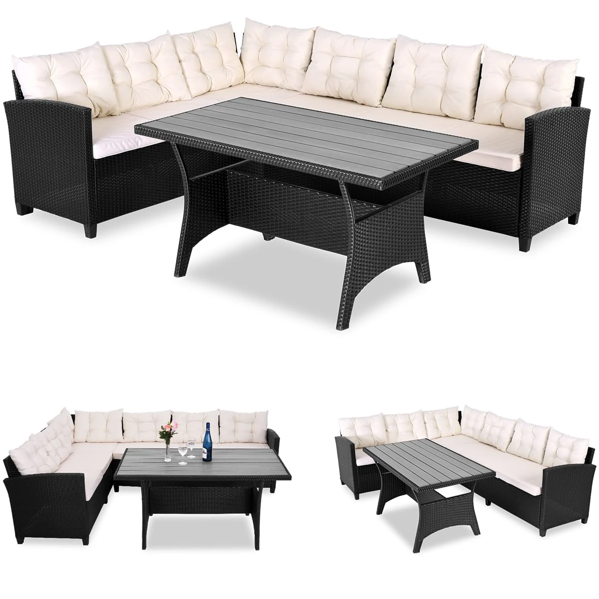 Polyrattan Lounge-Set Schwarz/Creme WPC Tischplatte 1 Polyrattan Lounge-Set Schwarz/Creme WPC Tischplatte