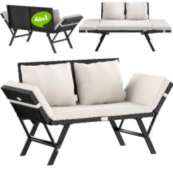 Polyrattan Gartenbank Schwarz/Creme 176x56x81cm