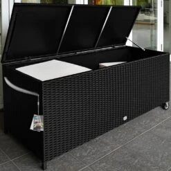 Polyrattan-Auflagenbox Schwarz 117,5x55x64,5cm Mit Rollen