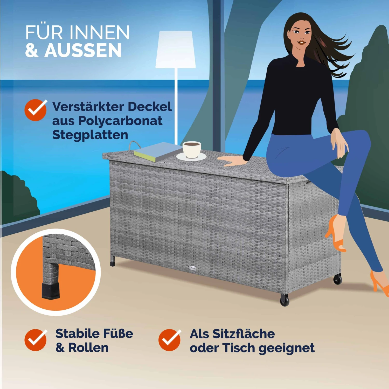 Polyrattan Auflagenbox Grau 122x56x61cm Mit Rollen 4 Polyrattan Auflagenbox Grau 122x56x61cm Mit Rollen – Bild 4