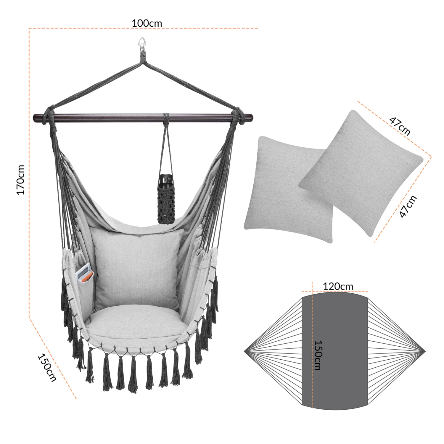 Hängesessel Hellgrau 170x100x150cm 7 Hängesessel Hellgrau 170x100x150cm – Bild 7