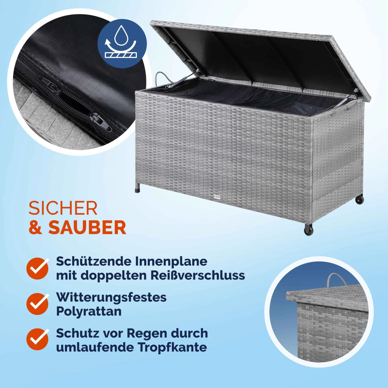 Polyrattan Auflagenbox Grau 122x56x61cm Mit Rollen 3 Polyrattan Auflagenbox Grau 122x56x61cm Mit Rollen – Bild 3